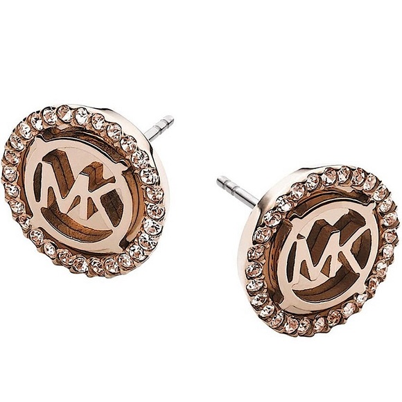 HP π₯³ MICHAEL KORS Rose Gold Tone Stud Earrings With MK Logo & Clear Rhinestones - Picture 4 of 9